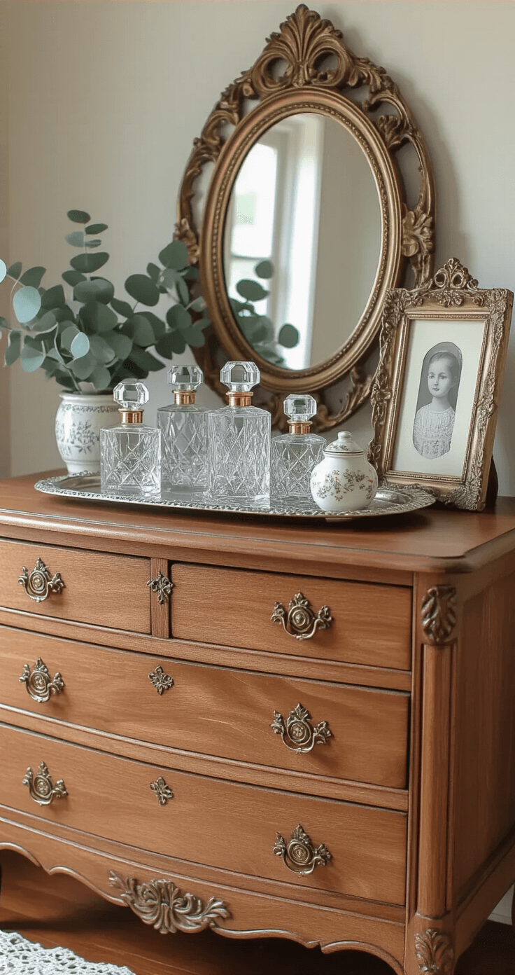 A beautifully styled dresser vignette featuring a vintage wooden dresser with brass hardware, crystal perfume bottles on a silver tray, an antique mirror, a family photograph in an ornate frame, and a faux eucalyptus planter, all harmonized with a lace doily underlayer and soft diffused lighting, in a warm color palette.