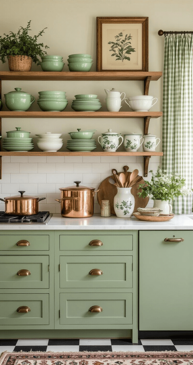Vintage kitchen with open shelving displaying jadeite dishes, copper cookware, and ceramics, featuring sage green lower cabinets, white uppers, checkered floor tiles, antique brass hardware, botanical prints, and morning light through café curtains. A worn Persian rug adds warmth to the nostalgic ambiance.