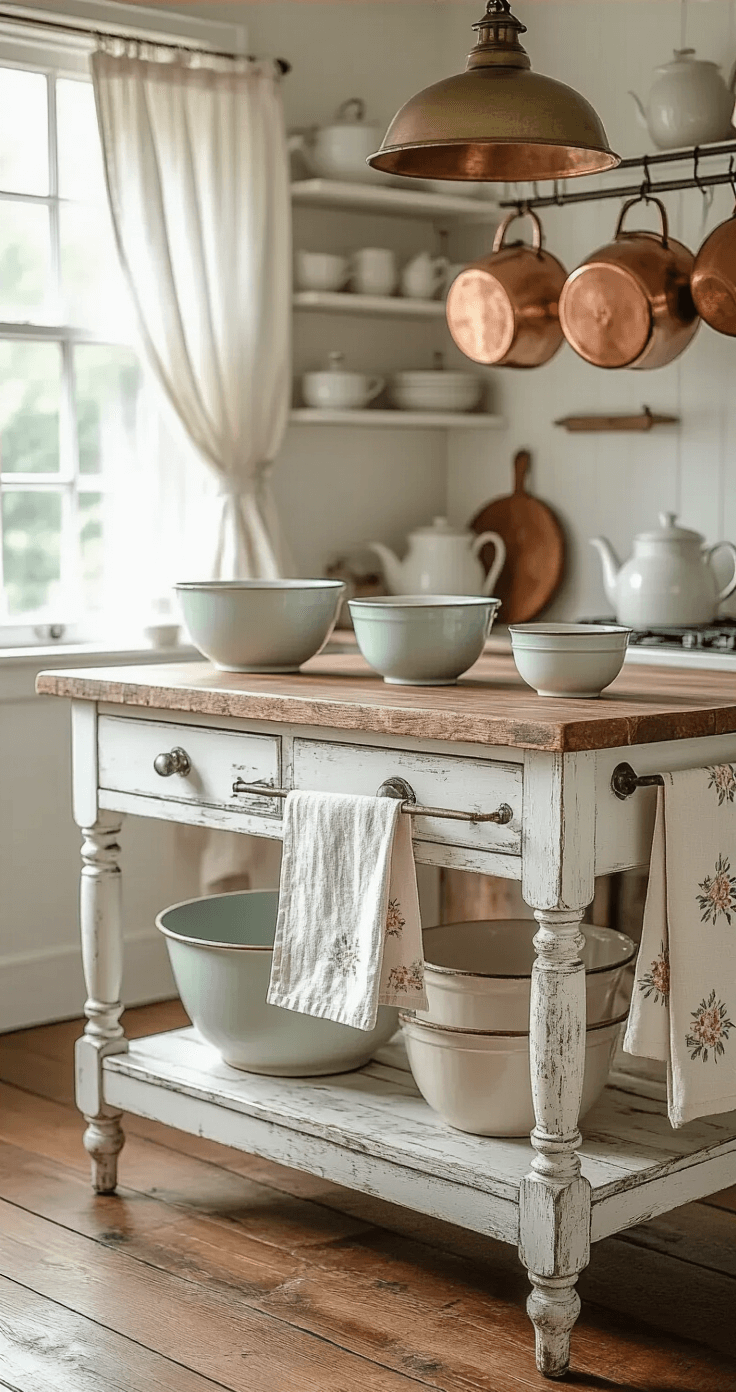 Intimate kitchen corner featuring a vintage wooden farmhouse table with distressed white paint, pastel ceramic mixing bowls, hanging copper pots, open shelving with vintage teapots, soft linen tea towels, and a warm brass pendant light, all illuminated by morning sunlight through café curtains.