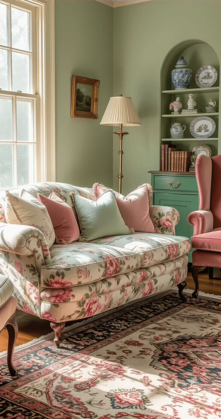 A cozy living room illuminated by soft afternoon sunlight, featuring a vintage floral sofa with mismatched pastel and jewel tone pillows, a dusty rose velvet wingback chair, and an emerald side table, all set against sage green walls. Layered Persian rugs adorn the hardwood floors, while a brass floor lamp and decorative items on wooden shelves add warmth and character.