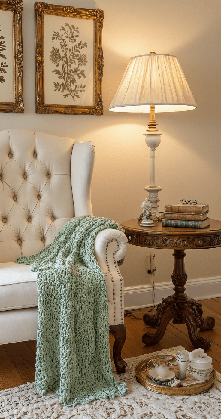 A cozy reading corner featuring a cream tufted wingback chair beside a vintage wooden side table, illuminated by a warm-toned floor lamp. A stack of vintage books rests on the table, while a sage green crocheted throw drapes over the chair. Ornate gold-framed botanical prints adorn the walls, and a small dish with reading glasses and a porcelain figurine adds personal touches to the space, all bathed in soft, muted light.
