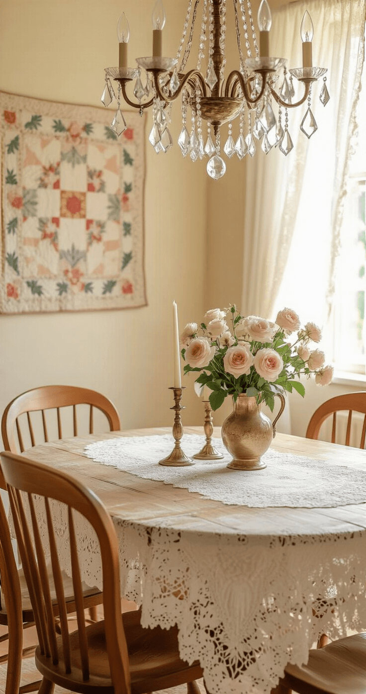 A cozy granny chic dining room with cream walls, a vintage wooden table with water ring patina, mismatched honey and cream chairs, and a floral lace tablecloth. A vintage crystal chandelier casts rainbows, aged brass candlesticks adorn the table, and a patchwork quilt hangs on a weathered plaster wall. Afternoon golden light filters through lace curtains, illuminating fresh garden roses in a tarnished brass vase, all in soft focus.