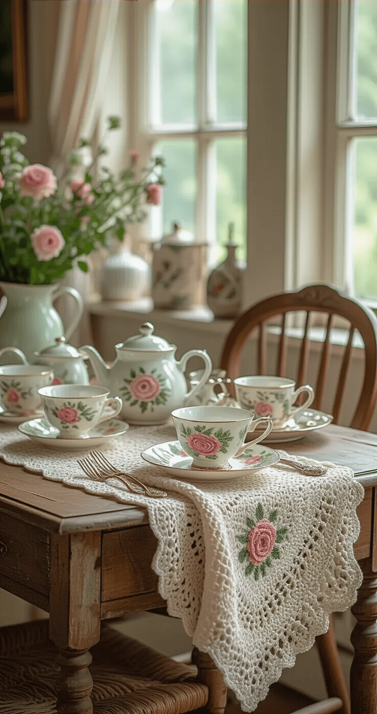 Intimate dining scene showcasing an eclectic vintage teacup collection on an aged wooden sideboard, surrounded by floral patterns in sage green, soft pink, and butter yellow. A handmade crocheted blanket drapes over a spindle-backed chair, complemented by an embroidered linen runner with rose motifs. Antique silver cutlery is casually arranged alongside small ceramic vignettes with patinated brass accents, all illuminated by soft natural light from a nearby window, creating a warm, personal atmosphere.