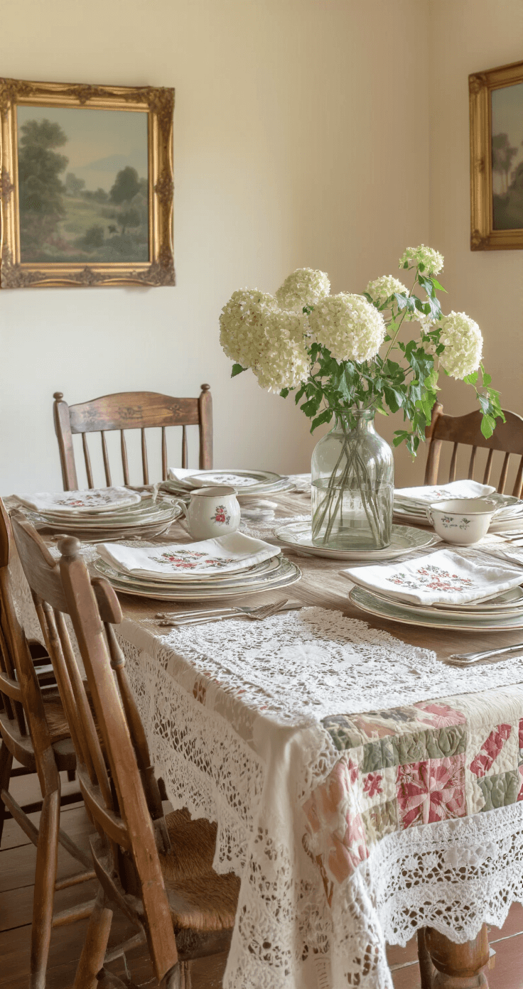 Rustic dining space featuring a large farmhouse table surrounded by mismatched wooden chairs, adorned with vintage lace doilies, embroidered napkins, and hand-painted ceramic plates. Dried hydrangeas and trailing English ivy decorate the table, while soft cream walls and subtle brass picture frames enhance the nostalgic atmosphere illuminated by warm afternoon light. An heirloom patchwork quilt serves as textile art.