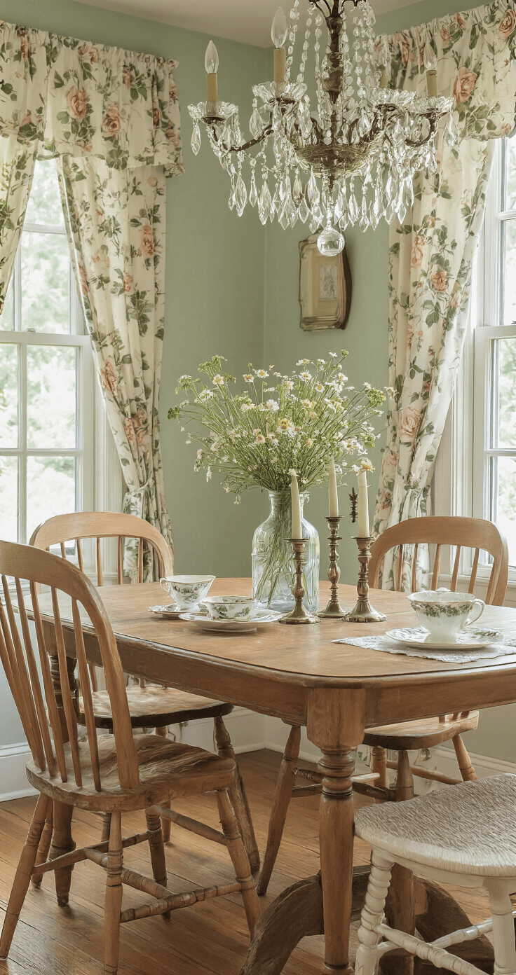 A vintage dining setup featuring a wooden table and mismatched chairs with turned legs in varying finishes, delicate floral curtains, a vintage crystal chandelier, and a centerpiece of mismatched teacups, tarnished brass candlesticks, and wildflowers in an antique glass bottle, all in a soft, muted color palette.
