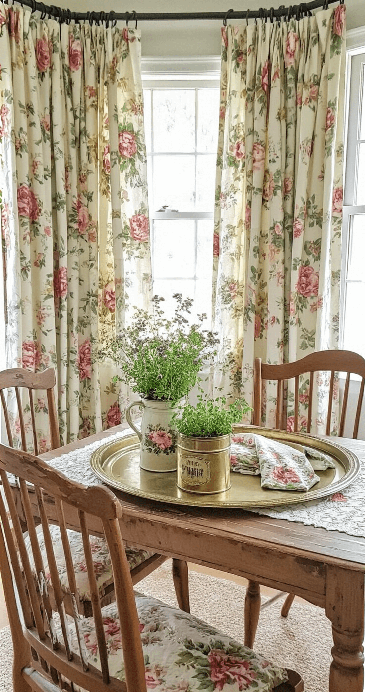 A cozy dining corner featuring vintage wooden chairs with upholstered seats, large floral curtains, and small floral napkins. An aged brass serving tray serves as the centerpiece for vintage tins filled with fresh herbs, complemented by an embroidered table runner. Soft natural light enhances the textures and pastel tones, showcasing an eclectic mix of collected vintage items.