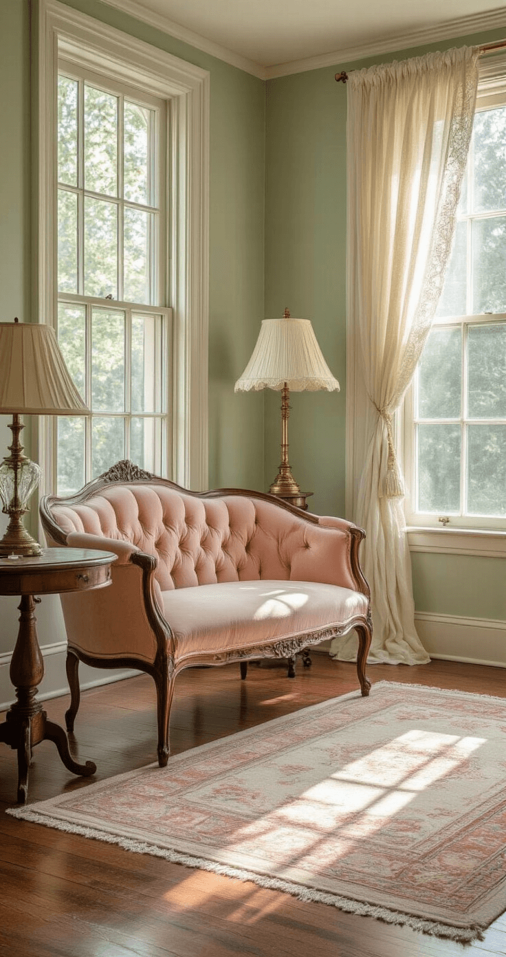 A sunlit vintage living room with sage walls, featuring a blush velvet Victorian settee by bay windows, layered cream and coral rugs on hardwood floors, a brass table lamp on a wooden side table, and a collection of vintage milk glass displayed on floating shelves, with morning light filtering through lace curtains.