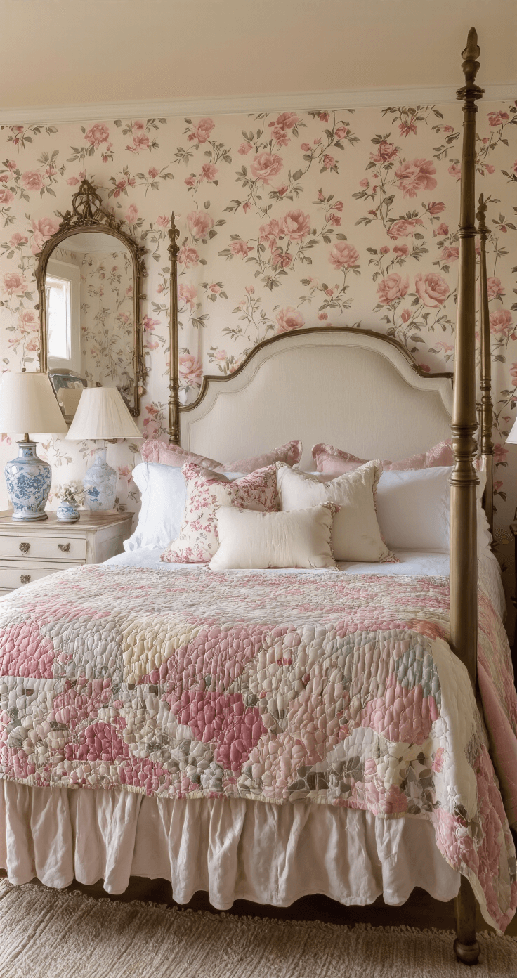 An intimate bedroom sanctuary featuring a vintage hand-stitched quilt on a four-poster brass bed, with soft rose floral wallpaper accenting the wall. Mismatched vintage nightstands with ceramic lamps and embroidered throw pillows in muted pastels. An antique mirror leans against the wall, with soft morning light enhancing the nostalgic ambiance.
