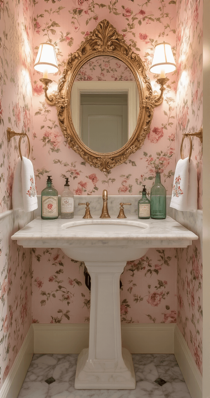 Cozy powder room with rose-patterned wallpaper, gilt-framed mirror, pedestal sink, embroidered hand towels, and vintage glass bottles on a marble shelf, illuminated by soft warm lighting.