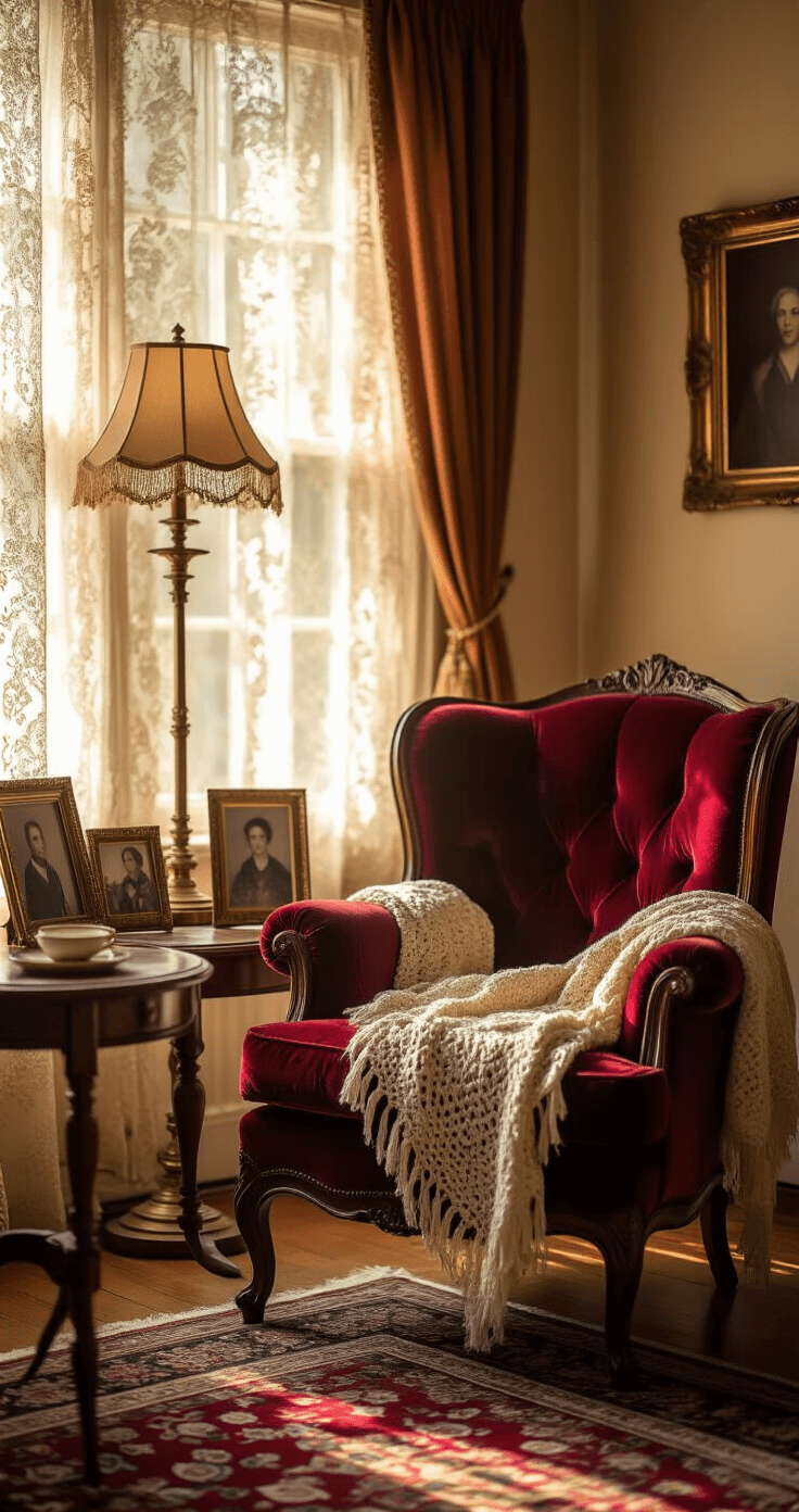 Cozy living room bathed in warm afternoon light, featuring a vintage burgundy velvet armchair with a cream crocheted blanket, mismatched side tables with antique photographs, and a Persian-style rug on worn hardwood floors, all creating an intimate and nostalgic atmosphere.