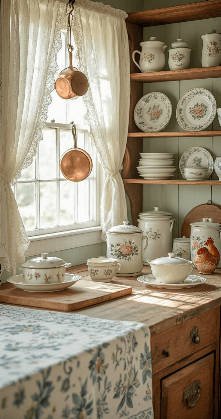 A sunlit Grandmacore kitchen featuring soft morning light through layered curtains, with open wooden shelving displaying mismatched china, enamel canisters, and ceramic roosters. An antique porcelain butter dish and cream set are near a well-used wooden cutting board, while a vintage tablecloth adorns the farmhouse table. Copper pots hang from brass hooks, creating a warm and inviting atmosphere in muted colors of sage green, cream, and soft terracotta.
