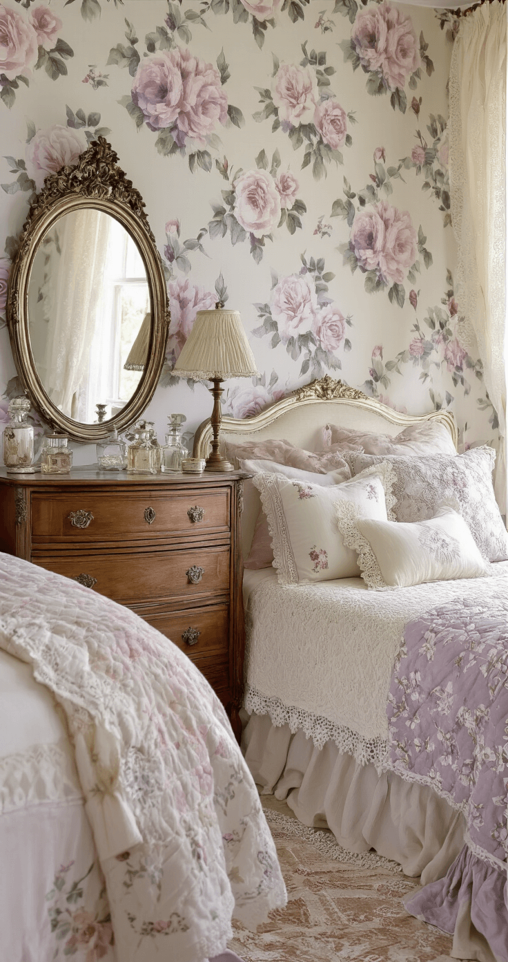 Intimate bedroom scene with vintage floral wallpaper, antique wooden dresser with ornate mirror, layered bedding in soft blues and creams, vintage brass lamp, lace curtains, and an antique vanity table, all in a dreamy, nostalgic atmosphere with soft, diffused lighting.