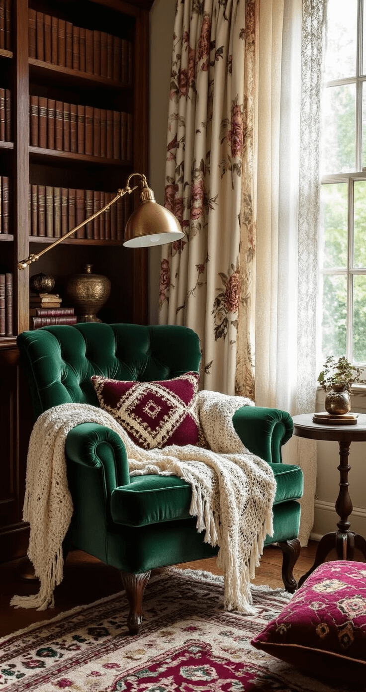 Cozy reading nook with an emerald green vintage velvet armchair, a brass floor lamp, and a small side table. Decorated with a cream crocheted throw blanket, a wooden bookshelf filled with leather-bound books, and a large window dressed with sheer white lace and floral print drapes. Persian-style floor cushions in jewel tones complete the warm, inviting scene illuminated by soft afternoon light.