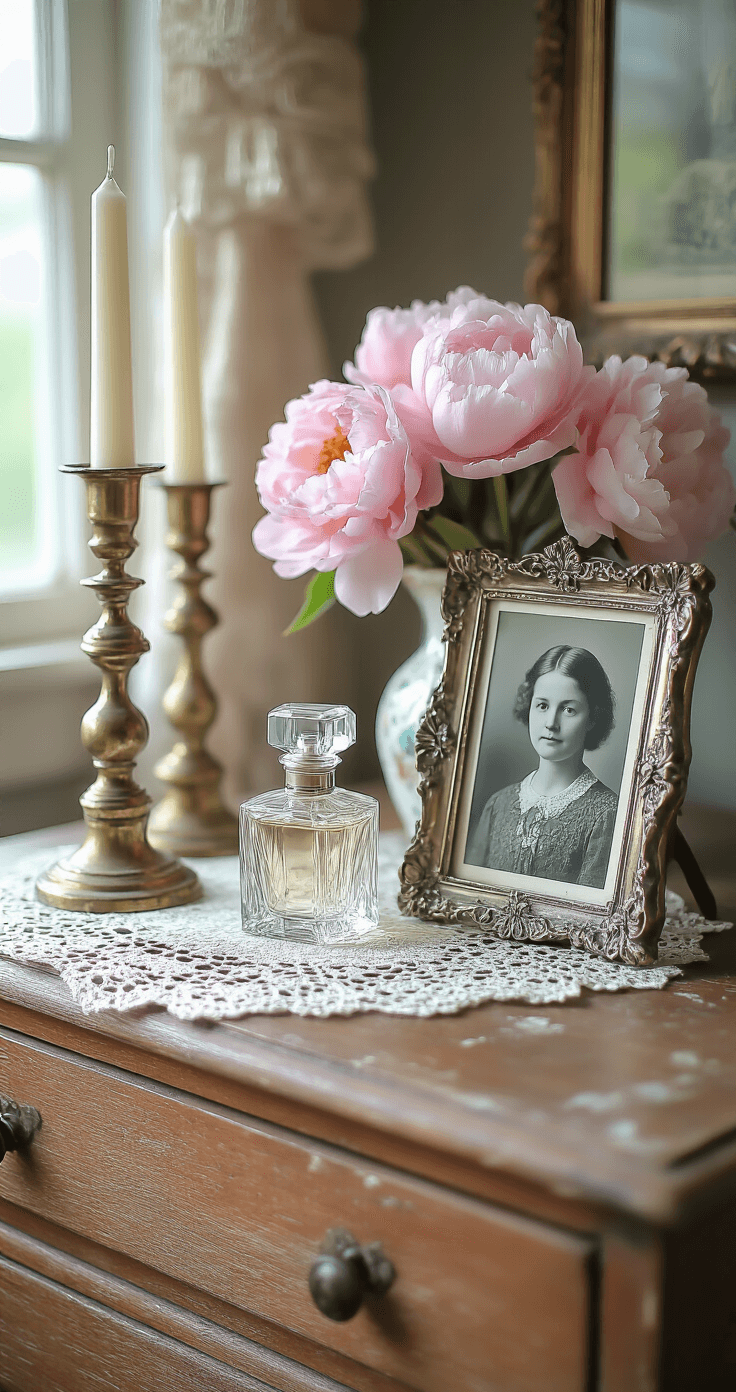 A close-up of a grandmacore dresser top featuring antique brass candlesticks, crystal perfume bottles, a tarnished silver picture frame with a black and white family photo, and fresh pink peonies in a ceramic vase, all arranged on a lace doily over a worn wooden surface, illuminated by soft morning light that casts gentle shadows.