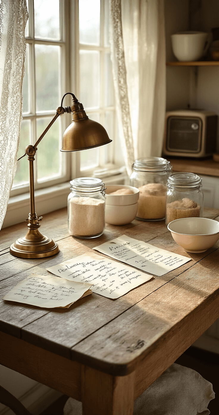 A cozy and intimate vintage kitchen workspace with a rustic wooden farmhouse table, antique brass lamp, and scattered handwritten recipe cards. Vintage glass jars filled with baking ingredients and ceramic mixing bowls are present, while soft lace curtains filter morning light, casting gentle shadows. A retro radio sits in the background, and the muted color palette includes butter yellow, blush pink, and creamy whites, emphasizing a lived-in atmosphere that celebrates imperfection and personal history.