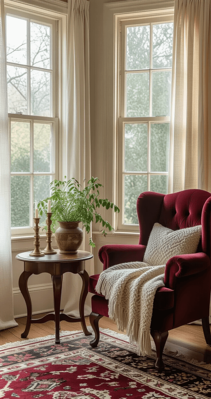 A cozy corner of a vintage living room featuring a burgundy velvet wing-back chair by a bay window, a curved wooden side table with brass candlesticks and a potted plant, layered textiles including a cream and sage knitted throw and an intricate Persian-style rug, with soft afternoon light filtering through sheer curtains, casting gentle shadows.