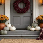 Cinematic autumn front door scene featuring a burgundy floral wreath, heirloom pumpkins, ceramic planters with golden mums, outdoor rugs, antique brass lanterns, and a rustic bench, all bathed in warm golden hour light, showcasing rich textures and a cozy ambiance.