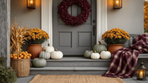 Your Front Door Needs This: The Real Talk Guide to Fall Decorating That Actually Works Cinematic autumn front door scene featuring a burgundy floral wreath, heirloom pumpkins, ceramic planters with golden mums, outdoor rugs, antique brass lanterns, and a rustic bench, all bathed in warm golden hour light, showcasing rich textures and a cozy ambiance.