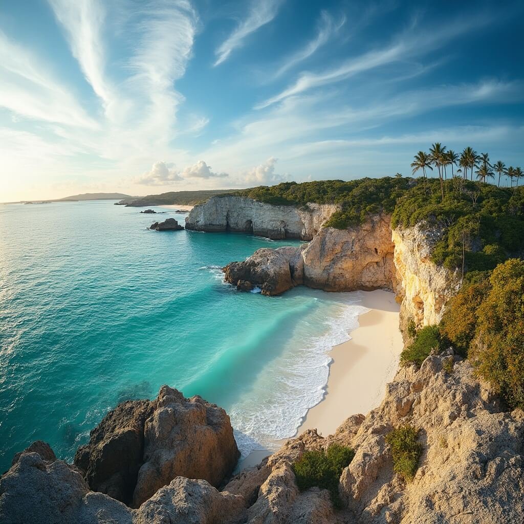 Panoramic view of Bahia Honda State Park with its rocky shoreline, azure waters, tropical vegetation, and historic bridge in the backdrop, showcasing the natural beauty of the Florida Keys