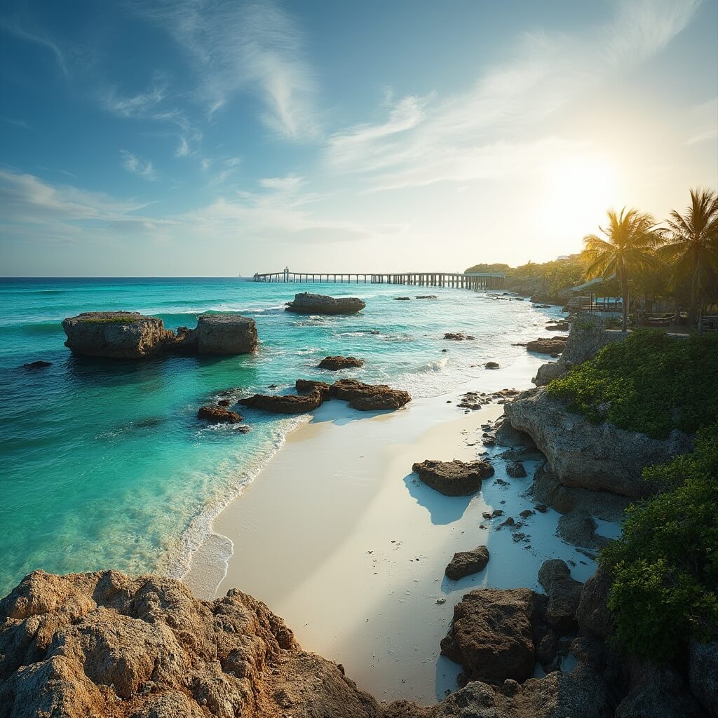 Panoramic view of Bahia Honda State Park with its azure waters, rocky shoreline, white sandy beaches, and lush vegetation under a golden sunlight, with the historic Bahia Honda Bridge in the background.