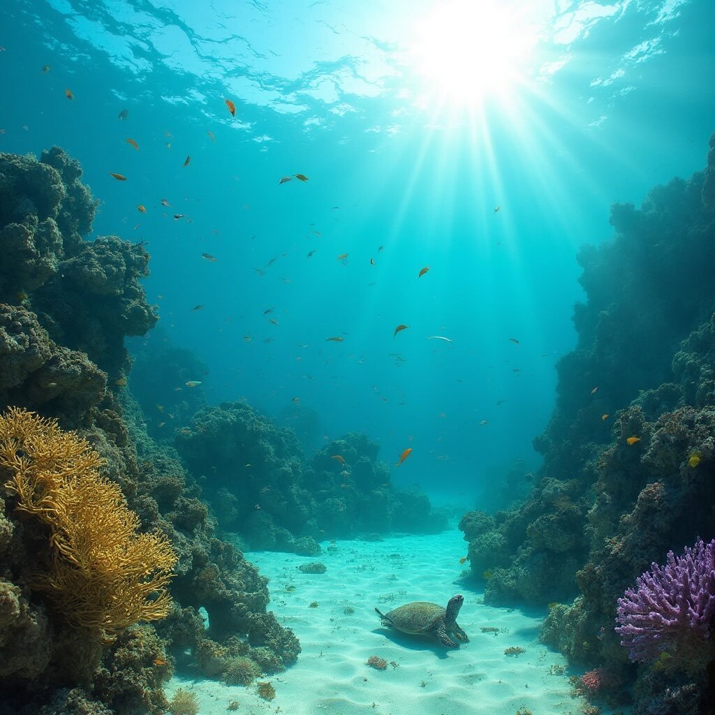 Underwater photography of Bahia Honda State Park showcasing vibrant coral reef, colorful fish, sea turtle, sea fans, and sandy seafloor in the Florida Keys