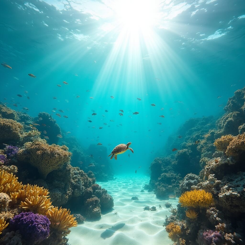 Vibrant underwater scene at Bahia Honda State Park with a coral reef, tropical fish, and a sea turtle in crystal-clear turquoise waters
