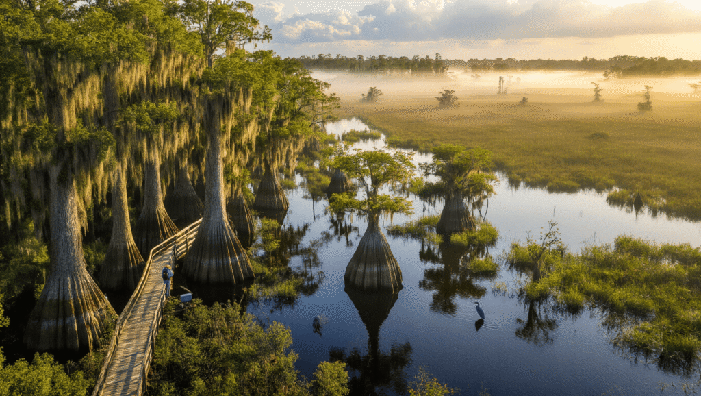 Discover the Untamed Wild: Your Ultimate Guide to Big Cypress National Preserve "Aerial view of Big Cypress National Preserve at golden hour with a lone hiker on a boardwalk, towering cypress trees, and a heron in shallow water"