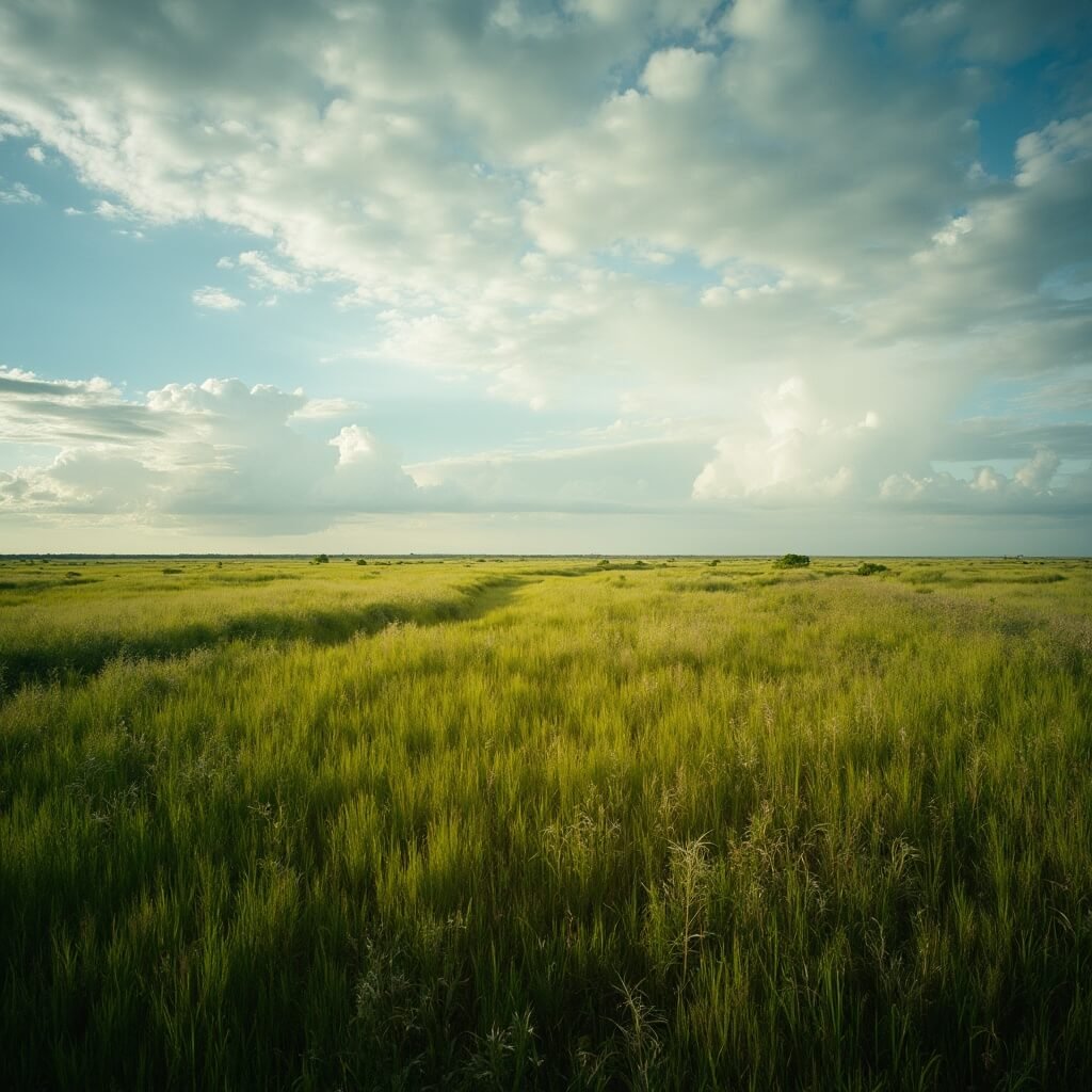 Panoramic view of marl prairie ecosystem in Big Cypress National Preserve with grasslands, cypress forest edges, dramatic clouds, and distant wildlife silhouettes