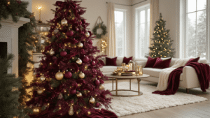 How to Create a Burgundy Christmas That Doesn't Look Like Your Grandmother's Parlor Cinematic wide-angle shot of a modern living room decorated for Christmas with a burgundy tree adorned with velvet ornaments, cedar garland, and warm lighting, featuring cream accents and natural wood floors.