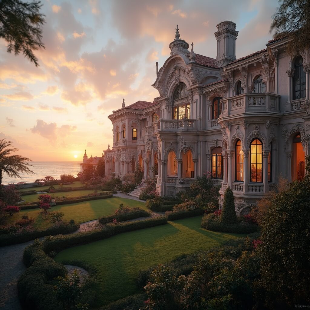 Sunset view of the Venetian Gothic Ca' d'Zan mansion with golden hour light highlighting its ornate architecture, terracotta roofs, and Mediterranean ornamentation, set against a soft pastel sky over Sarasota Bay, Florida.
