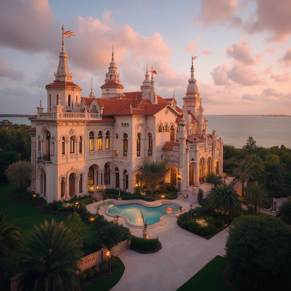 Ca' d'Zan mansion with Venetian Gothic architectural details, terracotta rooflines, against dramatic Sarasota Bay sunset, showcasing Florida's architectural heritage.
