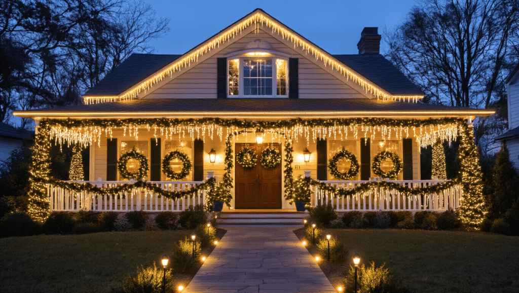 Transform Your Front Yard Into a Christmas Wonderland (Without Losing Your Mind) Cinematic twilight view of a Christmas-decorated front yard with warm C9 lights, icicle string lights, glowing white spiral-wrapped trees, fresh garlands, symmetrical wreaths on doors, illuminating pathway lights, and a cozy amber glow from windows against a deep navy winter sky.