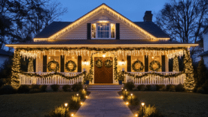 Transform Your Front Yard Into a Christmas Wonderland (Without Losing Your Mind) Cinematic twilight view of a Christmas-decorated front yard with warm C9 lights, icicle string lights, glowing white spiral-wrapped trees, fresh garlands, symmetrical wreaths on doors, illuminating pathway lights, and a cozy amber glow from windows against a deep navy winter sky.