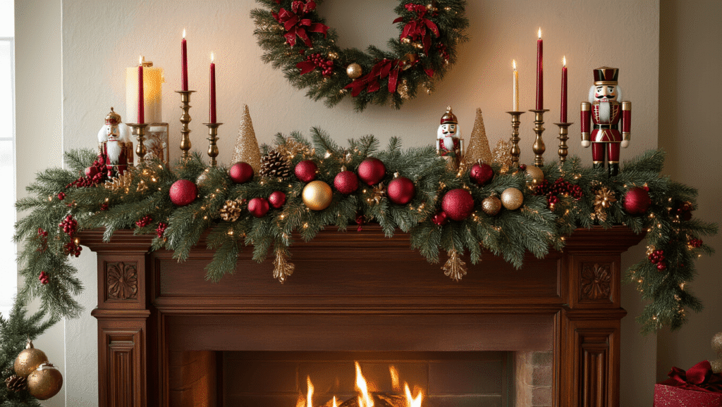 Christmas Mantel Decorating Ideas That'll Make Your Neighbors Jealous Ultra-detailed overhead shot of a traditional Christmas mantel decorated with red and gold garland, vintage candlesticks, mercury glass ornaments, and nutcracker figurines, illuminated by warm lighting and a cozy fireplace glow.