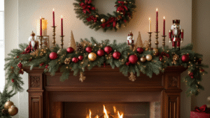 Ultra-detailed overhead shot of a traditional Christmas mantel decorated with red and gold garland, vintage candlesticks, mercury glass ornaments, and nutcracker figurines, illuminated by warm lighting and a cozy fireplace glow.