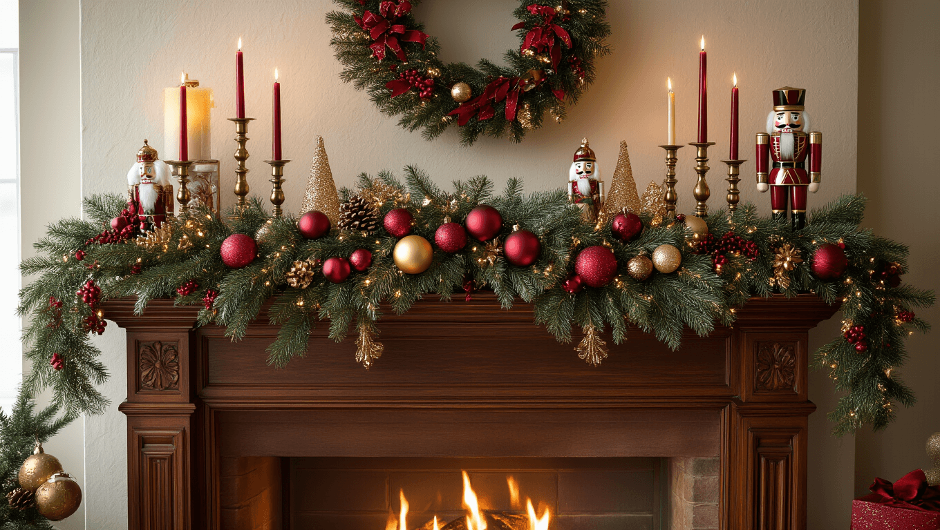 Ultra-detailed overhead shot of a traditional Christmas mantel decorated with red and gold garland, vintage candlesticks, mercury glass ornaments, and nutcracker figurines, illuminated by warm lighting and a cozy fireplace glow.