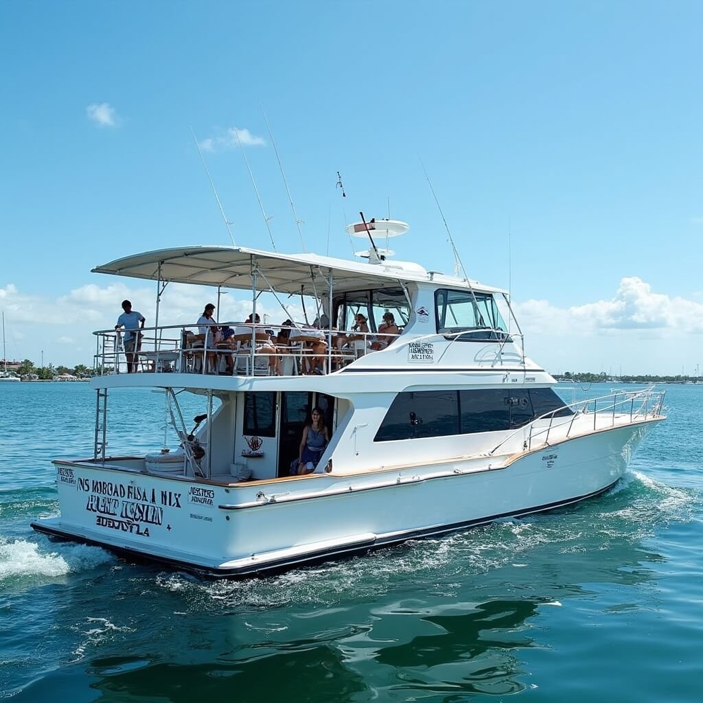 Large Deep-V tour boat cruising Clearwater Harbor with families enjoying dolphin watching, featuring bucket seats, covered seating, refreshment areas, bathroom facilities, under a bright blue sky in Florida.
