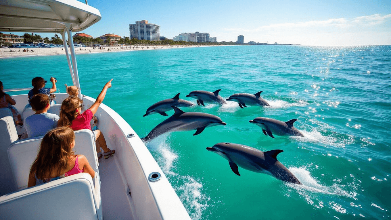 "Dolphin watching tour boat on turquoise waters near Clearwater Beach with dolphins leaping alongside and families pointing, Clearwater coastline visible in the background."
