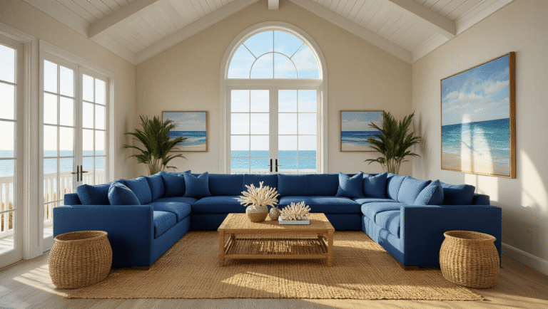 Photorealistic coastal living room featuring a vaulted white oak ceiling, deep ocean blue sectional sofa, jute rug, and warm golden hour sunlight streaming through large windows, complemented by rattan furniture, coastal artwork, and natural decor accents.