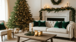 Christmas Home Decor Ideas That'll Make Your Home Feel Like a Festive Wonderland A cozy living room at golden hour featuring a majestic noble fir Christmas tree with warm white lights, a cream linen sofa with emerald velvet pillows, and brass candleholders on a reclaimed wood coffee table, all styled with a sage green and ivory color palette.