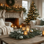 A cozy Christmas living room adorned with sage green and silver ornaments, chunky cream knit blankets on a velvet armchair, warm string lights illuminating a rustic stone mantel, and soft diffused lighting through bay windows, creating an inviting atmosphere.