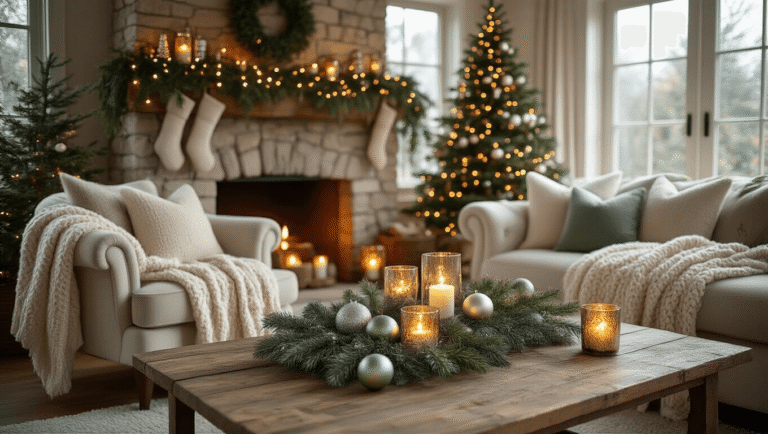A cozy Christmas living room adorned with sage green and silver ornaments, chunky cream knit blankets on a velvet armchair, warm string lights illuminating a rustic stone mantel, and soft diffused lighting through bay windows, creating an inviting atmosphere.
