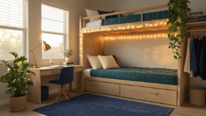 Your Complete Guide to Styling Your UF Dorm Room (Because Those Cinder Block Walls Need Serious Help) Cozy University of Florida dorm room with lofted bed, warm golden hour light, string lights, navy blue rug, and organized desk with plants, showcasing inviting decor and textures.