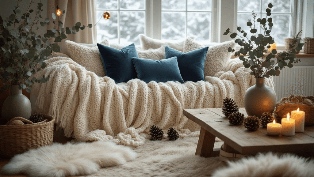 Winter Decor Ideas That'll Make Your Home Feel Like a Cozy Snow Globe Cozy winter living room featuring layered cream knit blankets, faux fur throws, icy blue and charcoal gray pillows, eucalyptus in vases, scattered pinecones on a reclaimed wood coffee table, warm Edison bulb lighting, a sheepskin rug, and frosted windows, all creating a inviting snow globe atmosphere.