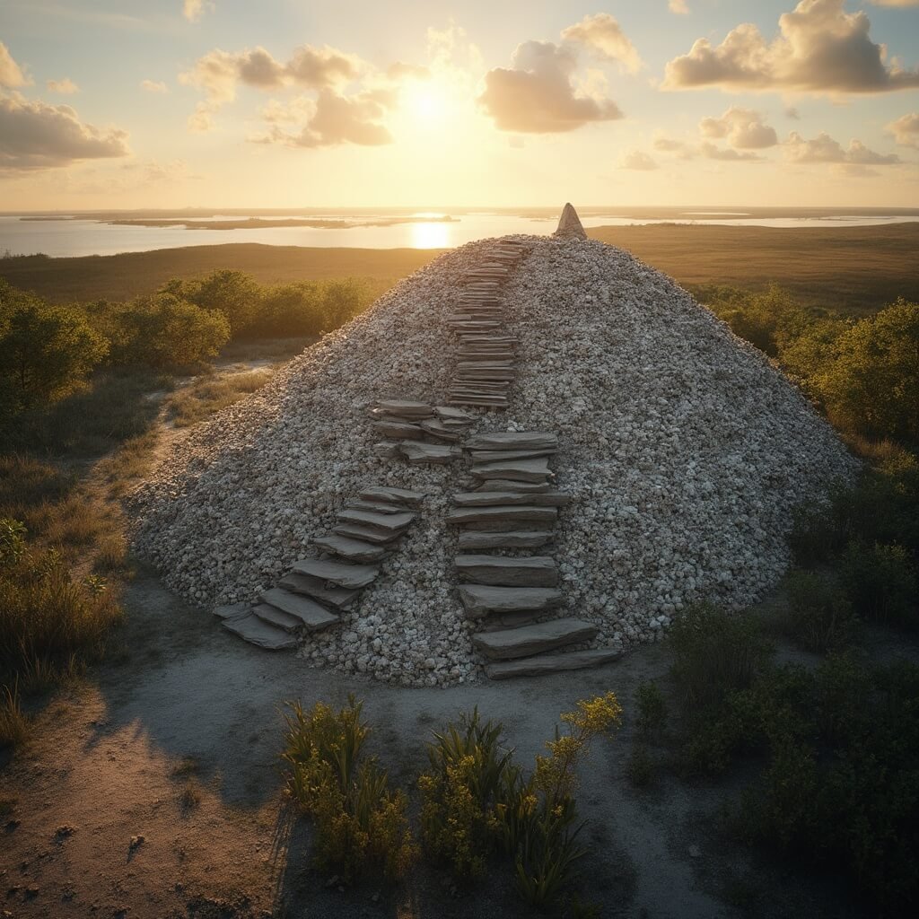 Ultra-realistic 8K image of a massive Native American shell mound at Crystal River Archaeological State Park with wooden staircase, archaeological grid markers, and lush Florida vegetation in dramatic golden afternoon light, captured with a Canon EOS R5 camera.