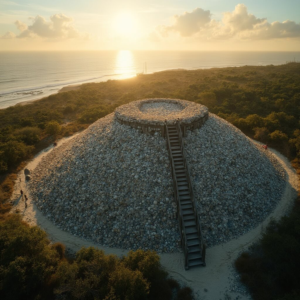 Ultra-realistic photograph of large Native American shell mound at Crystal River Archaeological State Park, bathed in late afternoon sunlight, with wooden staircase, archaeological grid markers, lush Florida vegetation, and panoramic Gulf Coast landscape in the background.