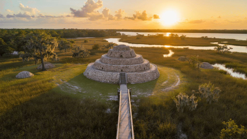 Uncover the Mysterious Ancient Mounds: A Mind-Blowing Journey Through Florida's Hidden Archaeological Gem "Aerial view of ancient Native American shell mounds at Crystal River Archaeological State Park in Florida during sunset, with stairs leading to the prominent Temple Mound A, smaller burial mounds scattered across landscape, draped Spanish moss trees, and Gulf Coast wilderness backdrop."