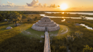 Uncover the Mysterious Ancient Mounds: A Mind-Blowing Journey Through Florida's Hidden Archaeological Gem "Aerial view of ancient Native American shell mounds at Crystal River Archaeological State Park in Florida during sunset, with stairs leading to the prominent Temple Mound A, smaller burial mounds scattered across landscape, draped Spanish moss trees, and Gulf Coast wilderness backdrop."