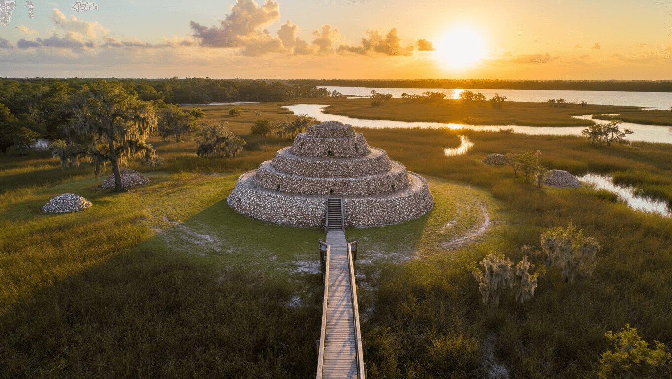 "Aerial view of ancient Native American shell mounds at Crystal River Archaeological State Park in Florida during sunset, with stairs leading to the prominent Temple Mound A, smaller burial mounds scattered across landscape, draped Spanish moss trees, and Gulf Coast wilderness backdrop."