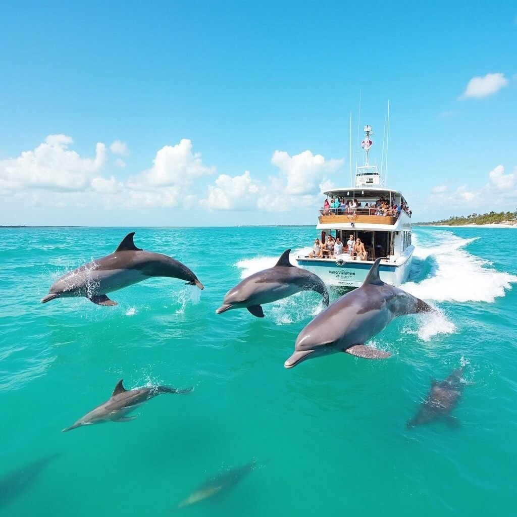 Atlantic bottlenose dolphins leaping and playing in the turquoise waters of the Gulf of Mexico near a tour boat, with passengers watching in awe, Florida coastline in the background